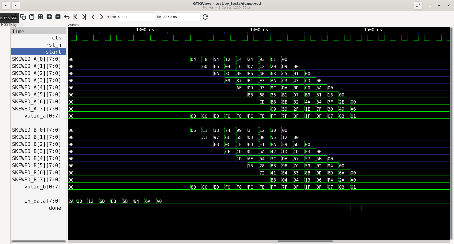 Simulation waveform of a 4x4 matrix multiplication showing skew unit emission and accumulator updates